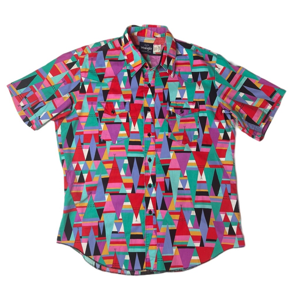 Vintage Wrangler Abstract Geometric Short Sleeve Button Up Western Shirt L XL